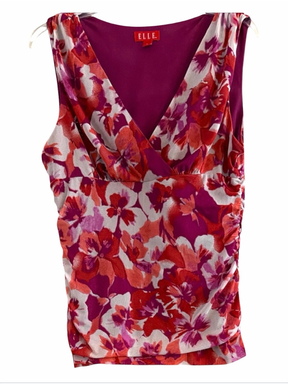 Elle Floral Side Ruched Sleeveless V-Neck Blouse Magenta Pink Size L